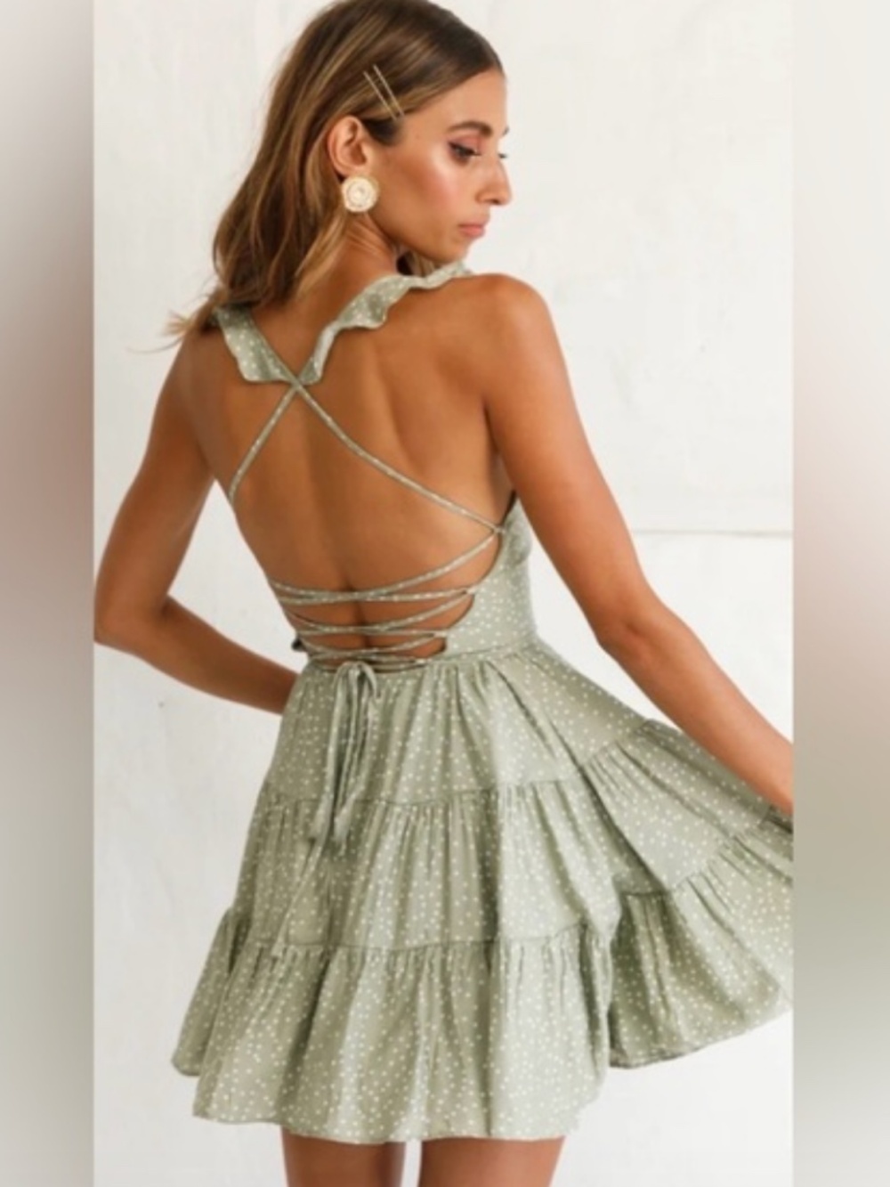 Selfie Leslie Allegra Coquette Fluted Hem Lace-Up Back Dress Polka Dot Green - Picture 2 of 5